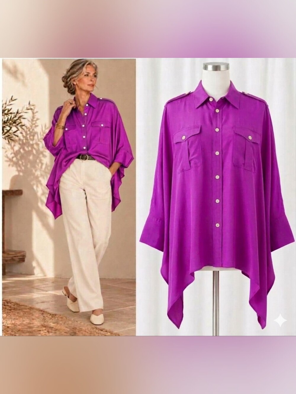 $398 RARE Fuchsia RALPH LAUREN 100% Mulberry Silk Oversized Batwing Poncho Shirt
